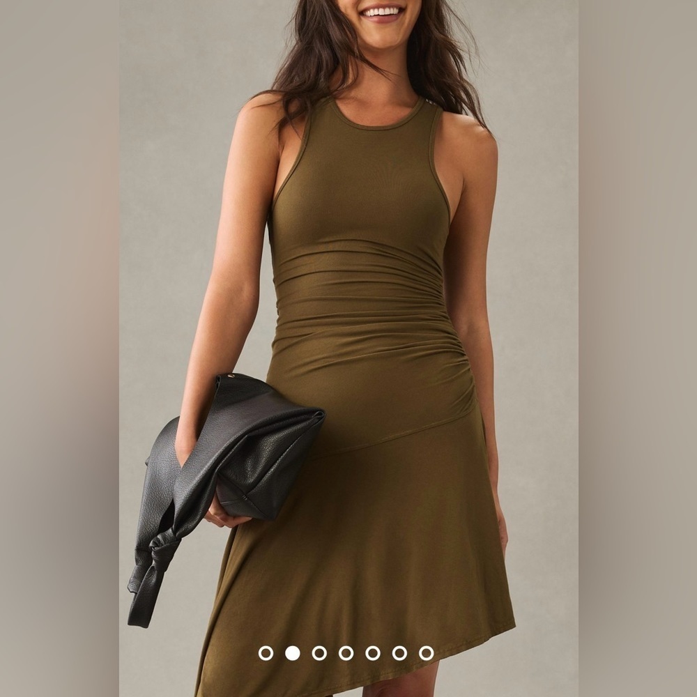 NWT Size XXS- Anthropologie Printed Ruched Asymmetrical-Hem dress in OLIVE DRAB